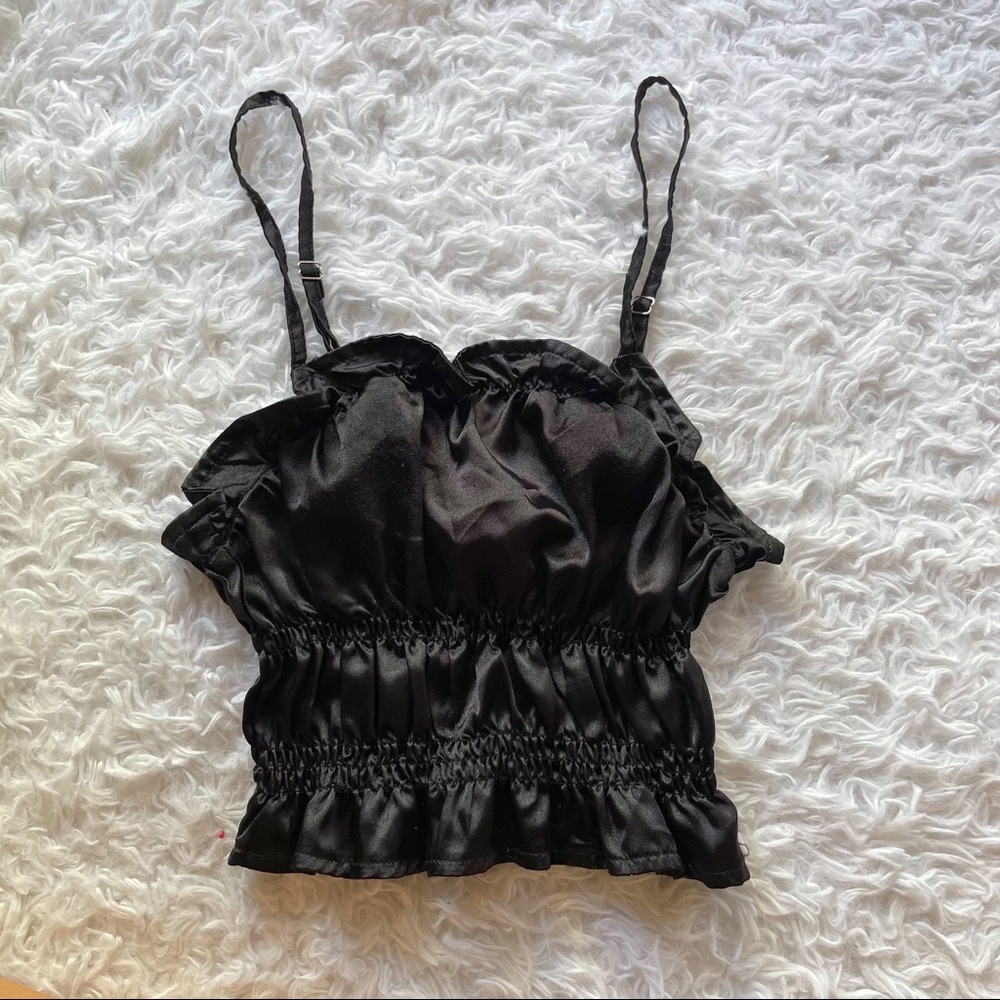 Black Silk Type Material Ruched Top